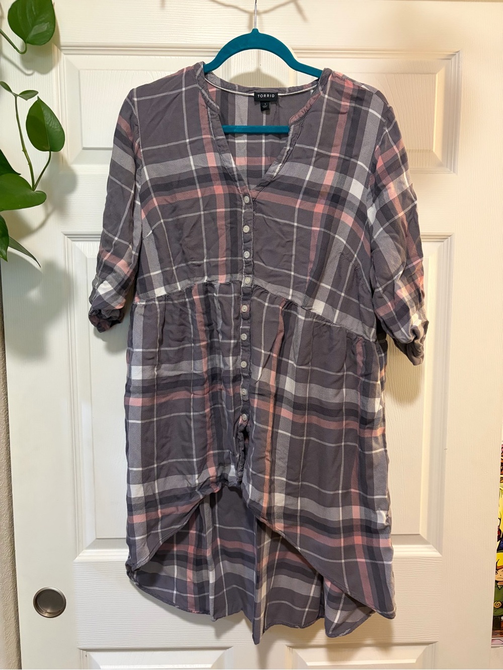 Torrid Gray and Pink Plaid Button-Front Tunic Blouse